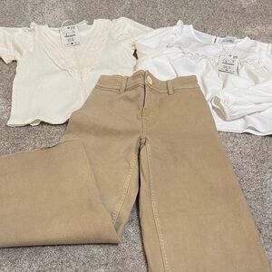 Zara Kids Cream and White Blouses with Tan Pants Set